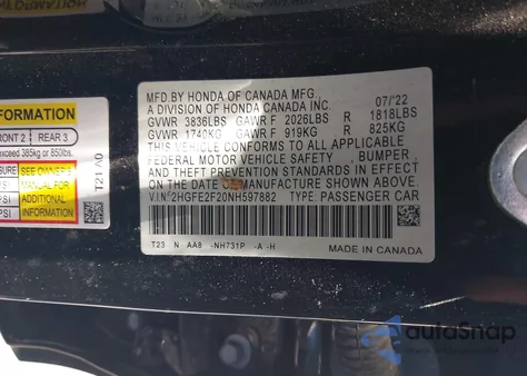2022 Honda Civic Lx from USA, damaged, VIN 2HGFE2F20NH597882